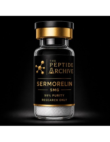 Sermorelin Acetate GHRH receptor research peptide vial supplied by The Peptide Archive