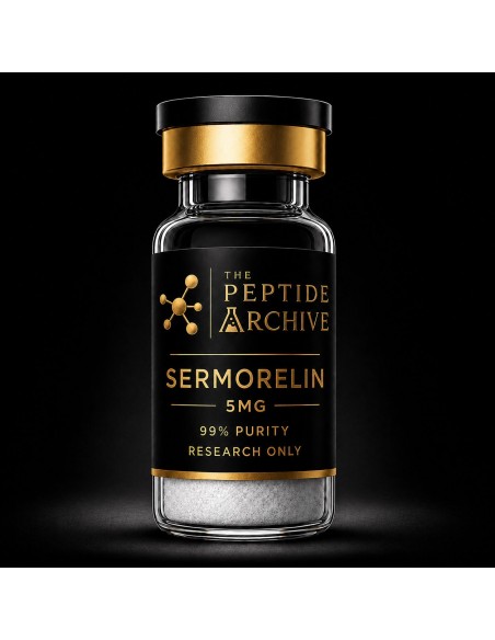 Sermorelin Acetate GHRH receptor research peptide vial supplied by The Peptide Archive